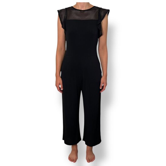 Michael Kors Mixed Mesh Black Jumpsuit Flutter Cap Sleeves Cropped Sz S - Picture 1 of 10